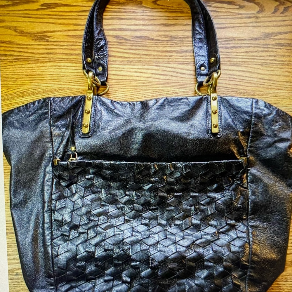 Elliott Lucca Black Woven Soft Leather Shoulder Bag Tote Purse Handbag